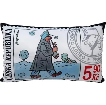 plyšák Švejk v zimě - poštovní známka/ Polštář 45x25cm