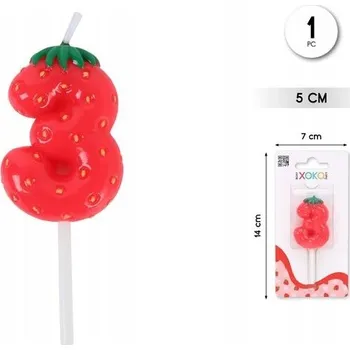 Dortová svíčka Narozeninová svíčka číslice 3 jahoda – dekorace na dort