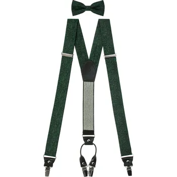 Kšandy Avantgard Set Látkové šle Y s koženým středem a zapínáním na klipy - 35 mm, motýlek a kapesníček, 886-2262023, Zelená, černá kůže