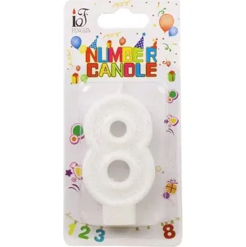 Dortová svíčka NAROZENINOVÁ SVÍČKA ČÍSLO 8 OSM BÍLÉ TŘPYTKY NA DORT ČÍSLICE OSM