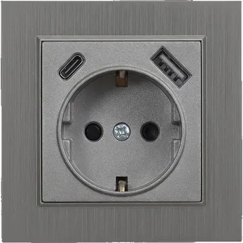 Elektrická zásuvka Zásuvka Nova s USB konektorem s šedým kartáčovaným rámečkem