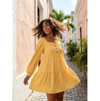 Dámské šaty Sinsay - Rozšířené mini šaty s čtvercovým výstřihem a knoflíky vpředu - žlutá - 5823J-12X - 5823J-12X-XXS