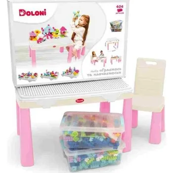 ostatní stavebnice Doloni Dětský stůl a židle s hrací podložkou + 2 stavebnice - růžová