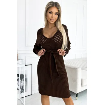 Dámské šaty Prolamované svetrové šaty s výstřihem a zavazováním 507-1 Barva: Hnědá, Velikost: ONE SIZE