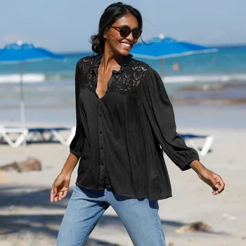 Dámská halenka Halenka na knoflíčky s macramé a volánkem černá 42