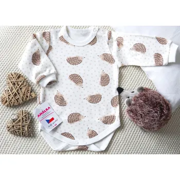 Kojenecké oblečení AMÁLKA Bavlněné body dlouhý rukáv smetanové, Ježek Velikost: 52