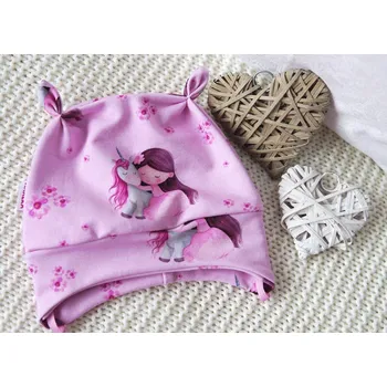 Kojenecká čepice AMÁLKA Elastická čepička teplákovina celotisk, pohádková víla s jednorožcem Velikost: 80-86