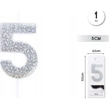 Dortová svíčka Svíčka číslice 5 stříbrná brokátová - narozeninová dekorace