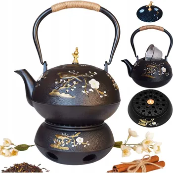 Konvice na čaj KONVICE LITINOVÁ ZÁZVOR 1 L + SÍTKO NA LOUHOVÁNÍ ČAJE NA ČAJ A BYLINKY + OHŘÍVAČ