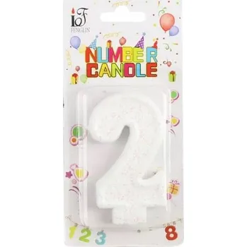 Dortová svíčka NAROZENINOVÁ SVÍČKA ČÍSLO DVĚ BÍLÁ BROKÁTOVÁ NA DORT ČÍSLICE DVOJKA 7 CM
