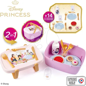 Dětská kuchyňka Piknikový košík a stolek 2v1 Princezny Disney Picnic Basket Smoby 14 doplňků s jídelní soupravou