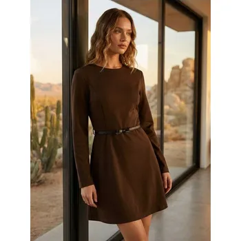 Dámské šaty Sinsay - Klasické mini šaty s páskem a viskózou - hnědá - 935EY-88X - 935EY-88X-S