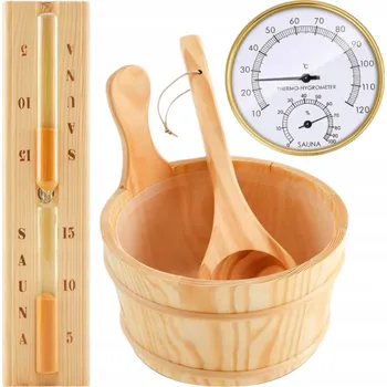 DŘEVĚNÁ SADA DOPLŇKŮ DO SAUNY - VĚDRO, NABĚRAČKA, TEPLOMĚR, PŘESÝPACÍ HODINY