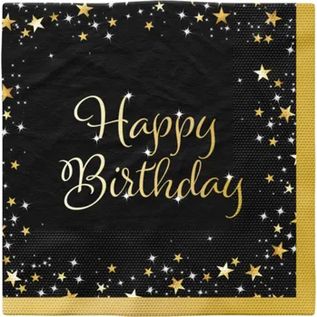 Papírový ubrousek Párty ubrousky Happy Birthday 16ks černé se zlatou