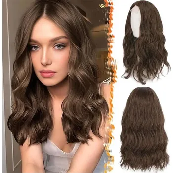 Paruka BARSDAR 46cm vlnitá hnědá paruka, středně dlouhá hnědá paruka pro ženy Přirozená střední pěšinka