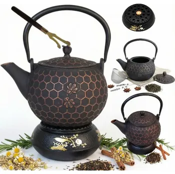 Konvice na čaj KONVICE LITINOVÁ ČAJNÍK 1,8L S LOUHOVAČEM NA ČAJ + OHŘÍVAČ + VIDLIČKA