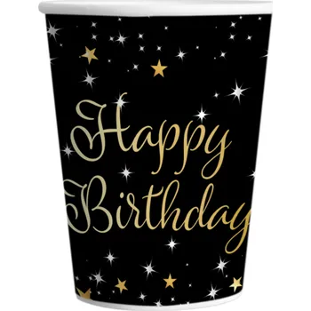 Jednorázové nádobí Kelímky papírové Happy Birthday černé se zlatou 250ml 8ks