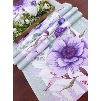 ubrus Běhoun - fialový květ v kombinaci s šedou - 52 x 149 cm