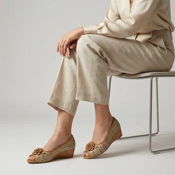 Dámské sandále Dámské béžové kožené baleríny na klínku Letizia s otevřenou špičkou Velikost: 38