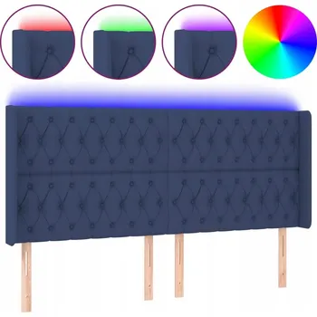 Čelo postele s LED, modré, 203x16x118/128 cm, látka