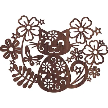 Party dekorace Dřevěná dekorace - kočka s květy, OŘECH Barva: ořech, velikost: 10 cm