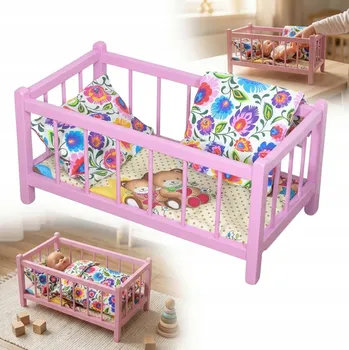 Doplněk pro panenku Dřevěná postýlka pro panenky RŮŽOVÁ s matrací a povlečením v loveckém vzoru