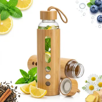 Láhev LAHEV NA PITÍ EKO TĚSNÁ SKLENĚNÁ LÁHEV NA VODU BAMBUSOVÝ NÁPOJ POUZDRO 550 ml