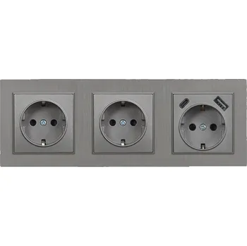 Elektrická zásuvka Nova III dvě zásuvky s USB konektorem s šedým kartáčovaným rámečkem