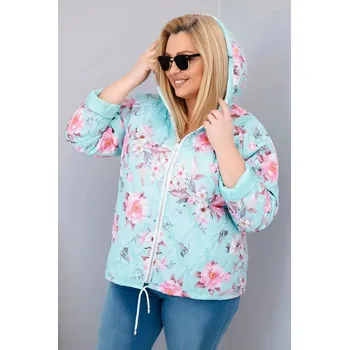 Dámská jarní prošívaná bunda Plus Size s kapucí a květinovým vzorem mátová UNI