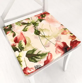 Podsedák Sametový čtvercový podsedák Tamara TMR-051 Abstraktní červené květiny na žlutobéžovém - 38x38x3 cm