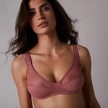 Dámská móda Sada 2 podprsenek Tropea zn. Confidence Lingerie® ze strečové bavlny a krajky, jednobarevná + s potiskem rostlin, bez kostic granátová+potisk černá 75B