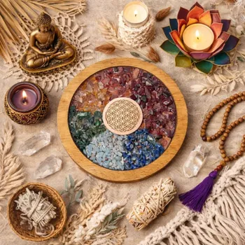 Energetický dřevěný podtácek s motivem Čaker a Květ života