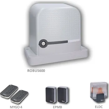 Pohon brány Robus600BDKCE sada pohonu Nice pro bránu do 600 kg - sada RBS600BDKCE obsahuje pohon posuvné brány RBS600 24V, elektroniku s přijímačem, 2 x 4-kanál. vysílač, fotobuňky, maják, ovládání přes aplikaci