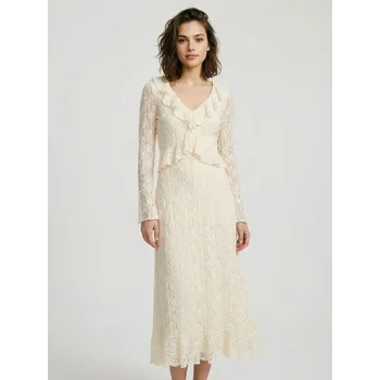 Dámské šaty Sinsay - Krajkované maxi šaty s volány - krémová - 195GY-01X - 195GY-01X-XXL