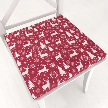 Podsedák Sametový čtvercový podsedák Tamara TMR-045 Vánoční jeleni a stromky na červeném - 38x38x3 cm