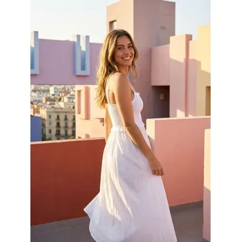 Dámské šaty Sinsay - Viskózové midi šaty na ramínkách s příměsí lnu - krémová - 536DA-01X - 536DA-01X-XXL