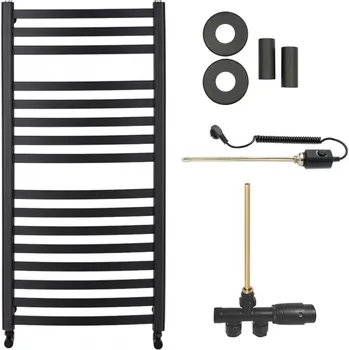 Radiátor CERANO - Koupelnový radiátorový set Paolo - kombinované vytápění, termo tyč - boční jednobodové připojení - 604W - černá matná - 1090x550 mm