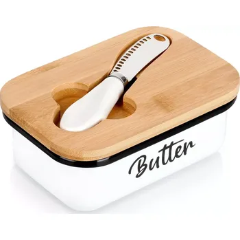 Dóza na potraviny Maslenka z bílého smaltovaného kovu s bambusovým víčkem a nožíkem