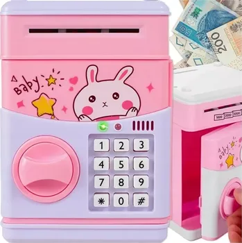 Hračka pro nejmenší Dětská růžová pokladnička RO2548 (Dětská růžová pokladnička ve tvaru trezoru na bankovky a mince, světelné a zvukové signály + 10 melodií)