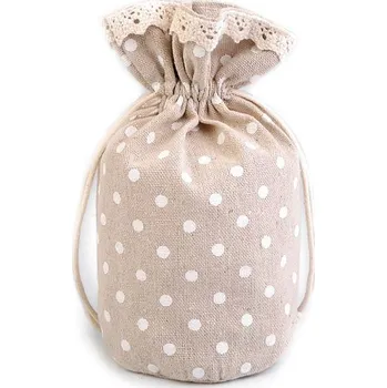 Dárková taška Dárkový pytlík měšec 13,5x18,5 cm lněný s puntíky a krajkou Varianta: 1 režná světlá, Balení: 1 ks