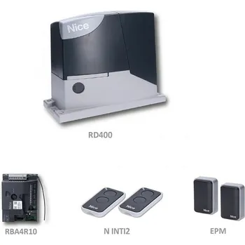 Pohon brány Road400 Kit-Z sada pohonu Nice pro bránu do 400 kg - sada pohonu ROAD s dálkovým ovládáním a fotobuňkami pro posuvnou samonosnou bránu do 400 kg - pohon RD400, elektronika s vestavěným přijímačem, 2 x 2-kanál. vysílač, fotobuňky