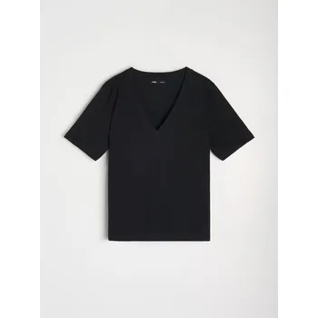 Dámská móda Sinsay - Bavlněné tričko s výstřihem do V - černá - 523EU-99X - 523EU-99X-XS