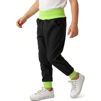 Chlapecké kalhoty Dětské softshellové kalhoty - nezateplené, černé s limetkovým nápletem (Lehké letní softshellové kalhoty pro děti na jaro a léto – 3 typy zakončení nohavic)