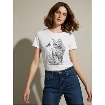 Sinsay - Bavlněné oversize tričko s potiskem - bílá - 505EU-00X - 505EU-00X-L