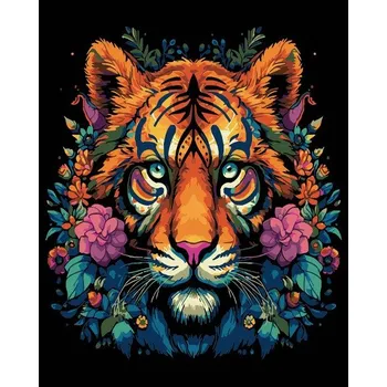 Malování na černé plátno 40 x 50 cm, tygr v květinách