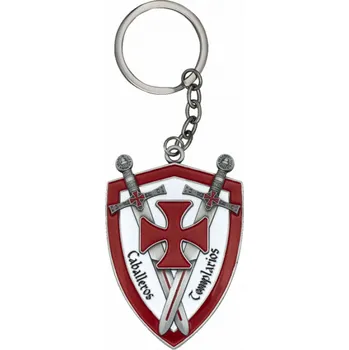 Klíčenka s templářským motivem Štít a zkřížené meče - stříbrná-barevná