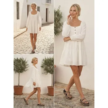 Dámské šaty Sinsay - Rozšířené mini šaty s čtvercovým výstřihem a knoflíky vpředu - krémová - 5823J-01X - 5823J-01X-XS