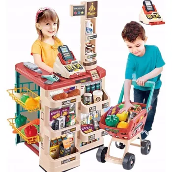 Dětská kuchyňka Dětský supermarket s vozíkem a pokladnou Červeno-krémová