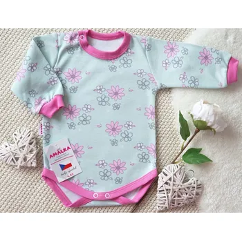 AMÁLKA Bavlněné body dlouhý rukáv květinky, zeleno/růžové Velikost: 68