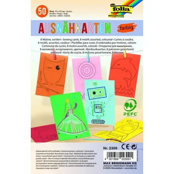 Umělecký papír Prošívání papíru pro děti – sada perforovaných papírových karet (50 ks, 8 motivů, 8 barev)